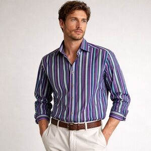 Vintage Etro Italy Multicolor Stripe Button Down Shirt Sz 42 US Large